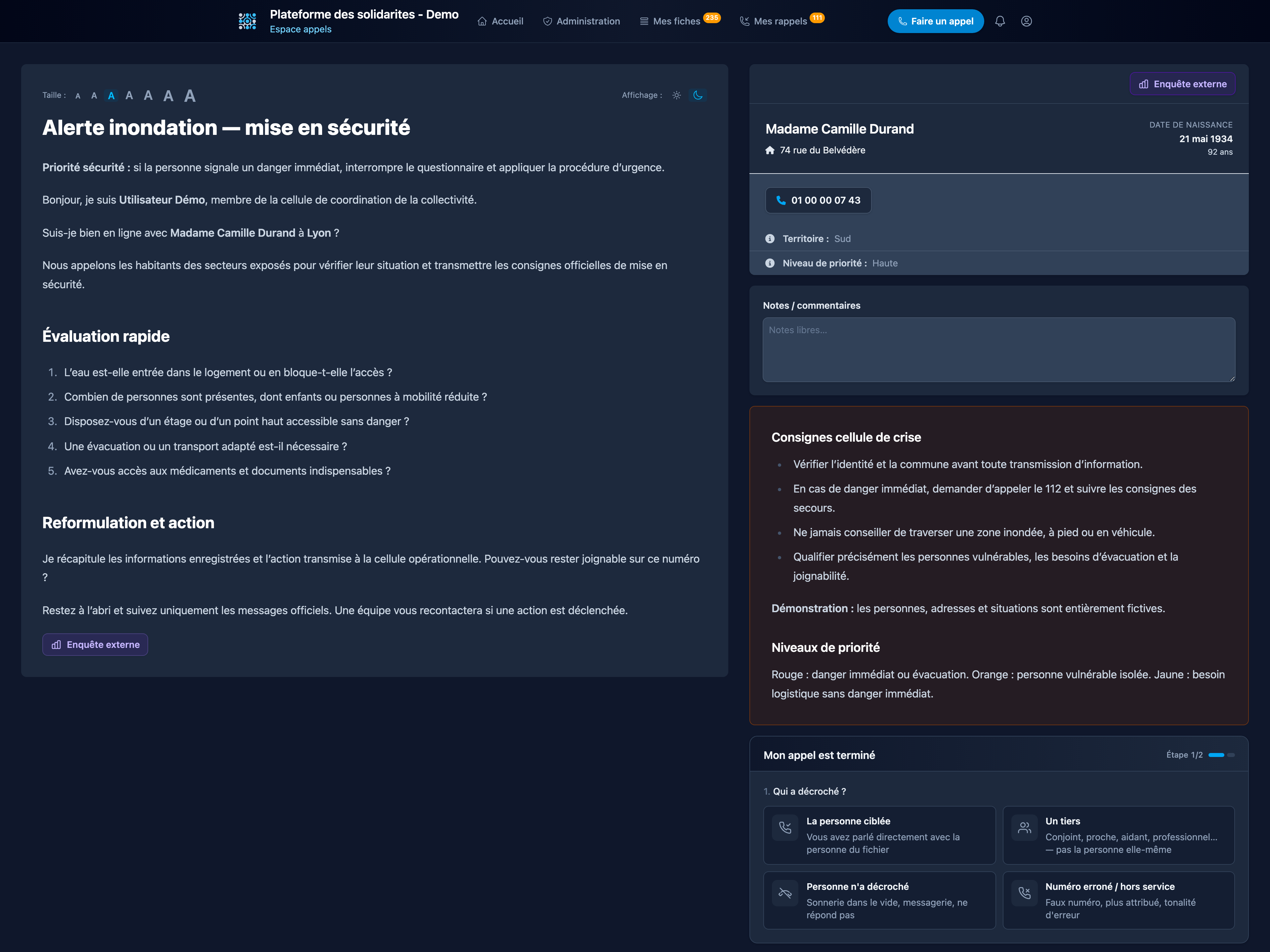 Page d’appel avec script, coordonnées et qualification du contact